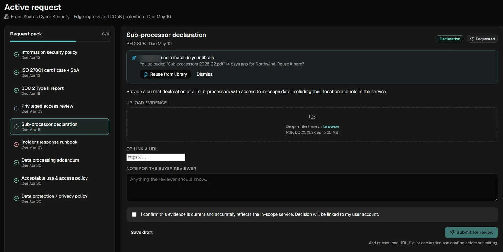 Active request with prior evidence reuse suggestion highlighted