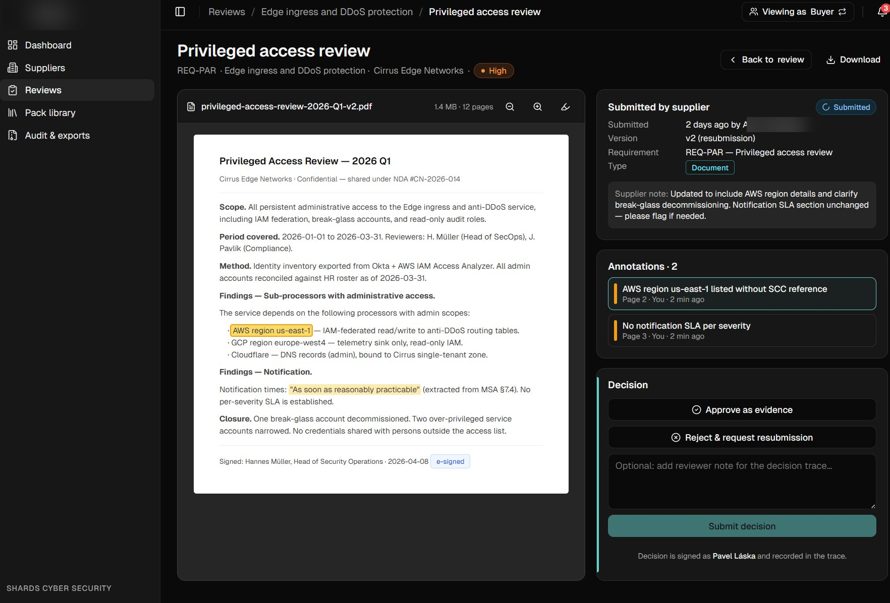 Buyer-side evidence review — AI-extracted highlights on a privileged-access-review PDF, with annotations, audit metadata, and an approve/reject decision panel