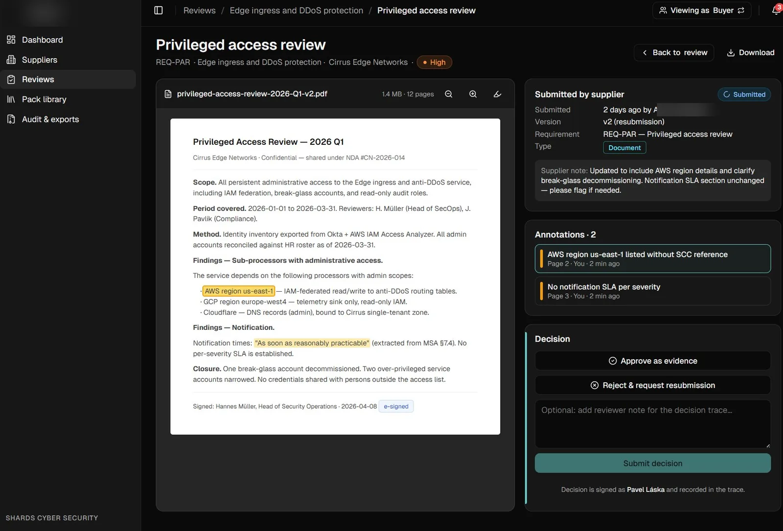 Buyer-side evidence review — AI-extracted highlights on a privileged-access-review PDF, with annotations, audit metadata, and an approve/reject decision panel