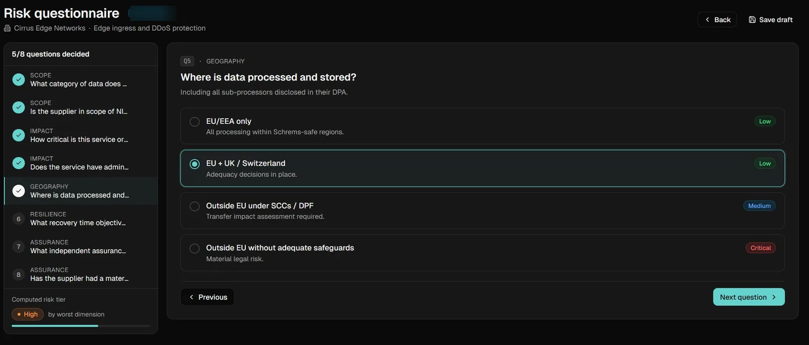 Risk questionnaire with colour-coded answers by dimension